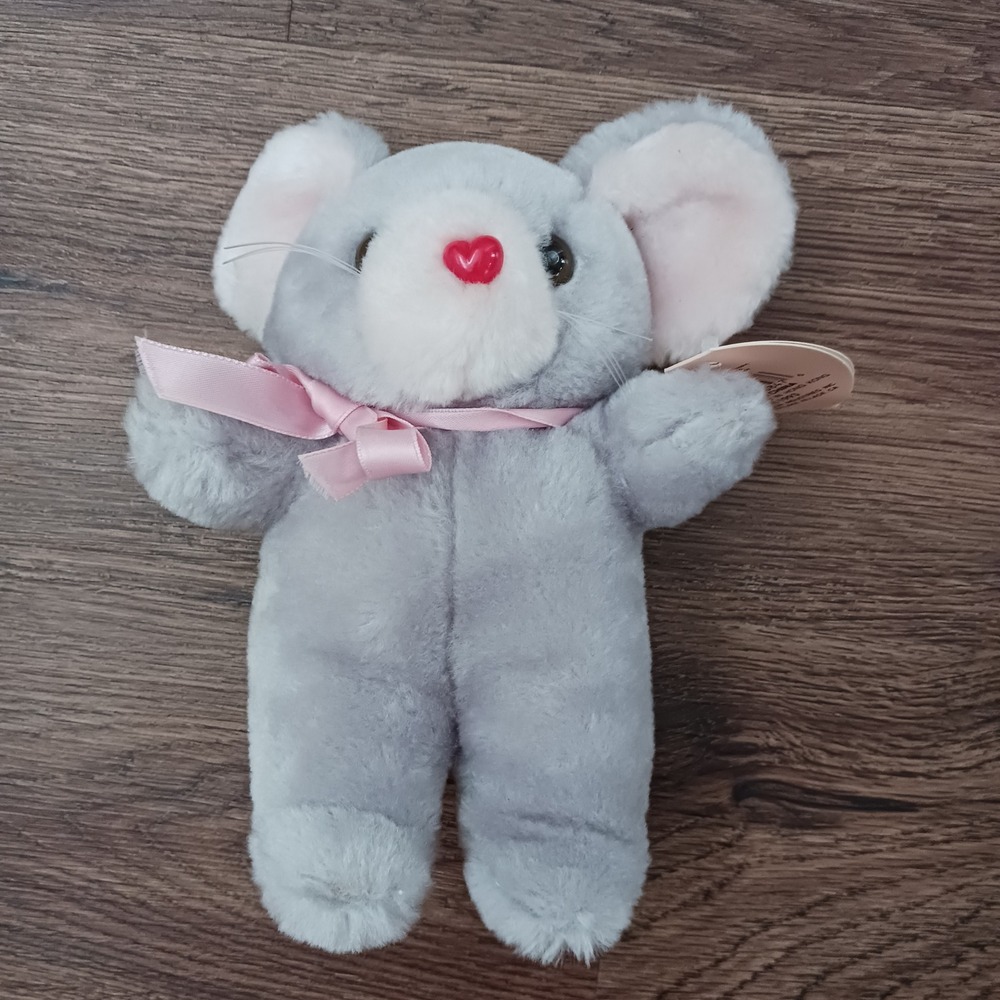 Vintage 1993 Joelson Industries Gray Mouse‎ Plush Heart Nose Pink Ribbon VAB-24